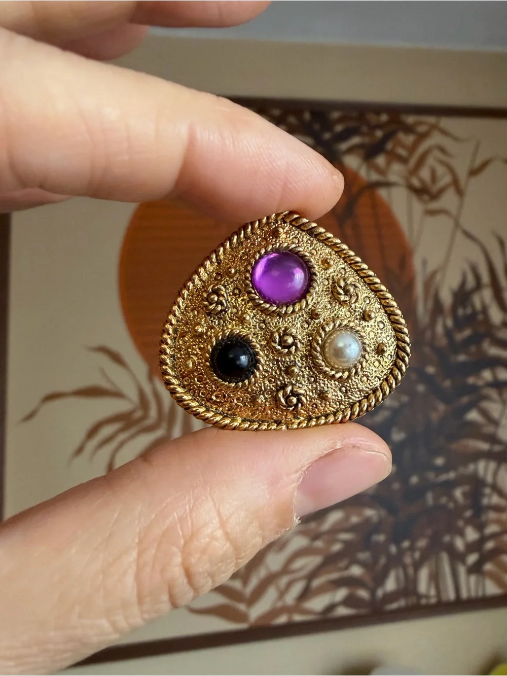 VTG 1960s Mid Century Gold Filigree Brooch Purple Black Pearl Statement Pin